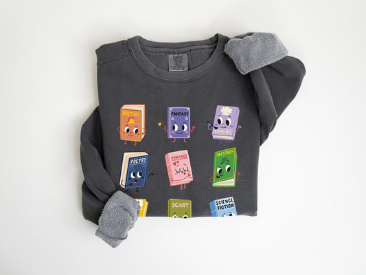 Book Genres Heavyweight Sweatshirt | Librarian Sweatshirt Cozy Library Outfit for Book Lovers Reading Pullover Unisex