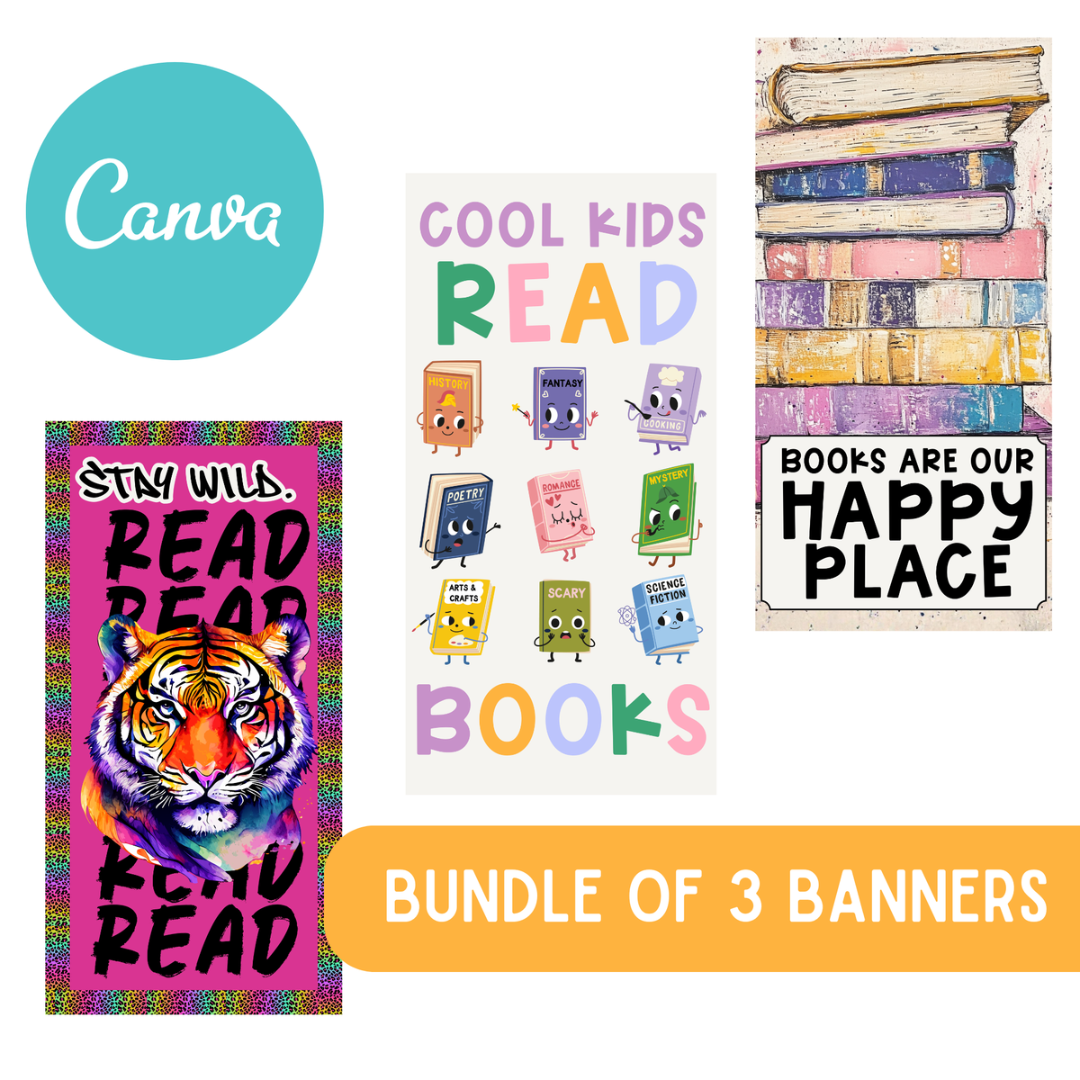 Reading Door Banner Bundle | 3 Editable Canva Templates | Library & Classroom Decor
