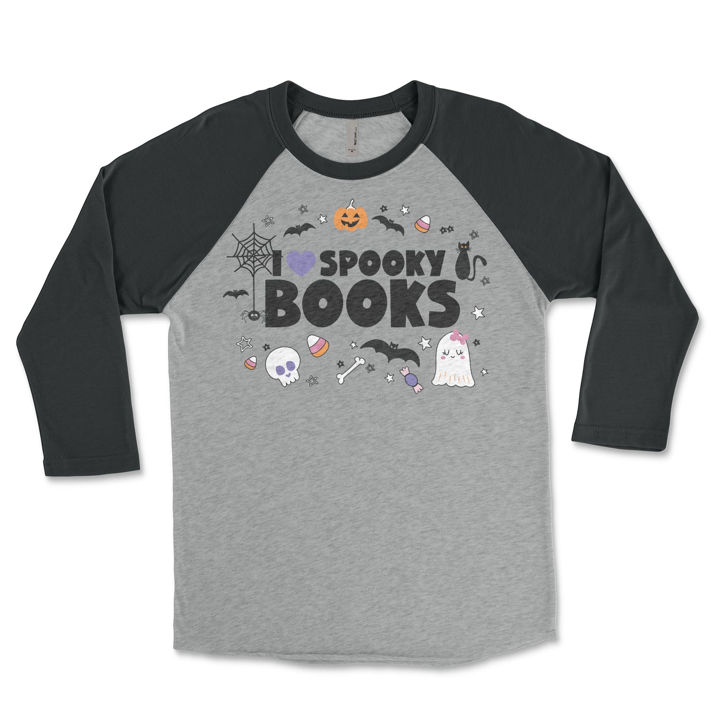 I Heart Spooky Books Librarian 3/4 Sleeve Raglan T-shirt