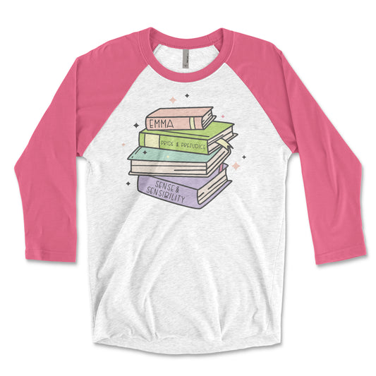 Jane Austen Book Stack 3/4 Sleeve Raglan T-shirt