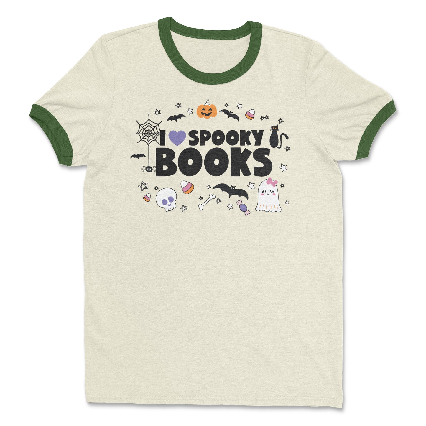 I Heart Spooky Books Halloween Librarian Cotton Ringer T-shirt