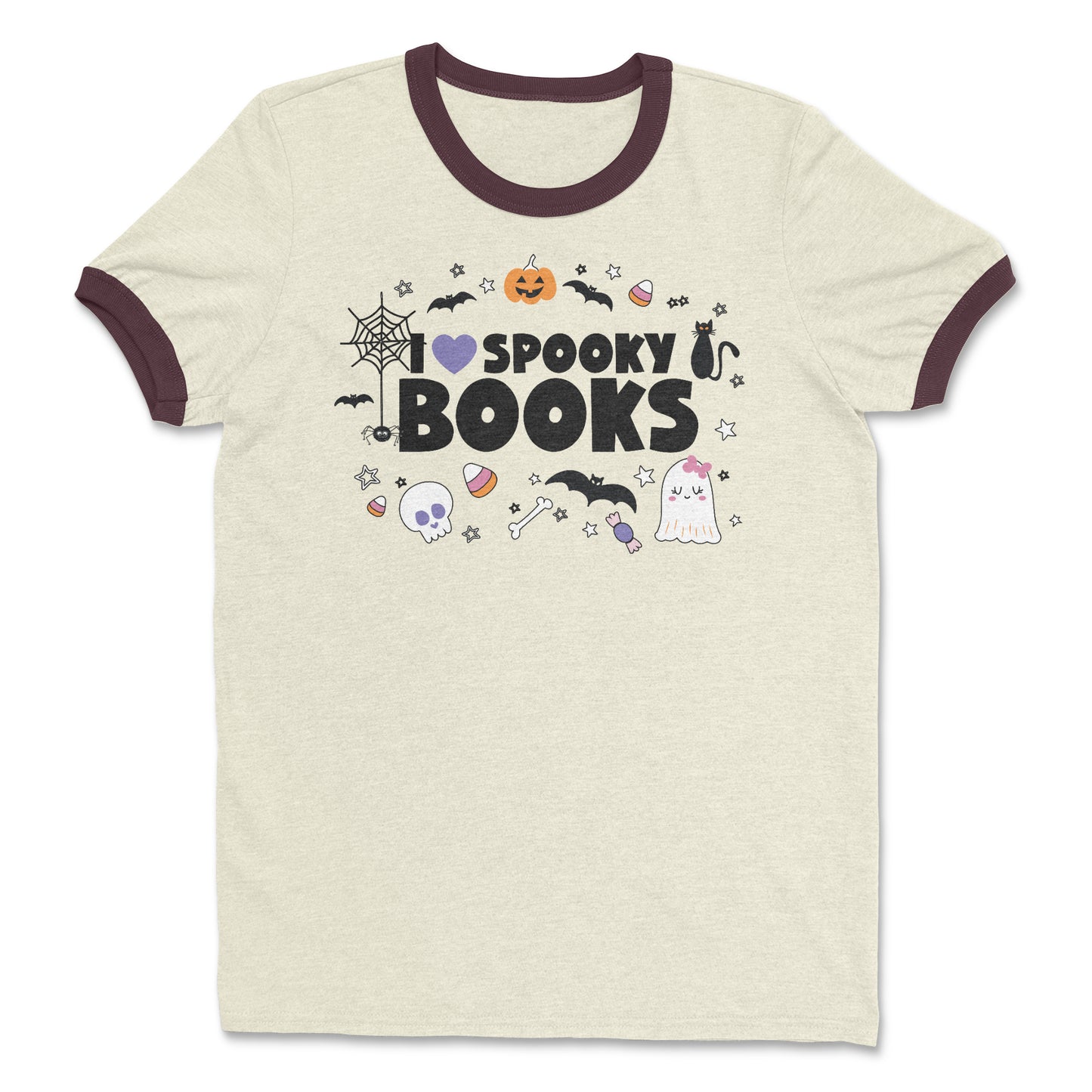 I Heart Spooky Books Halloween Librarian Cotton Ringer T-shirt