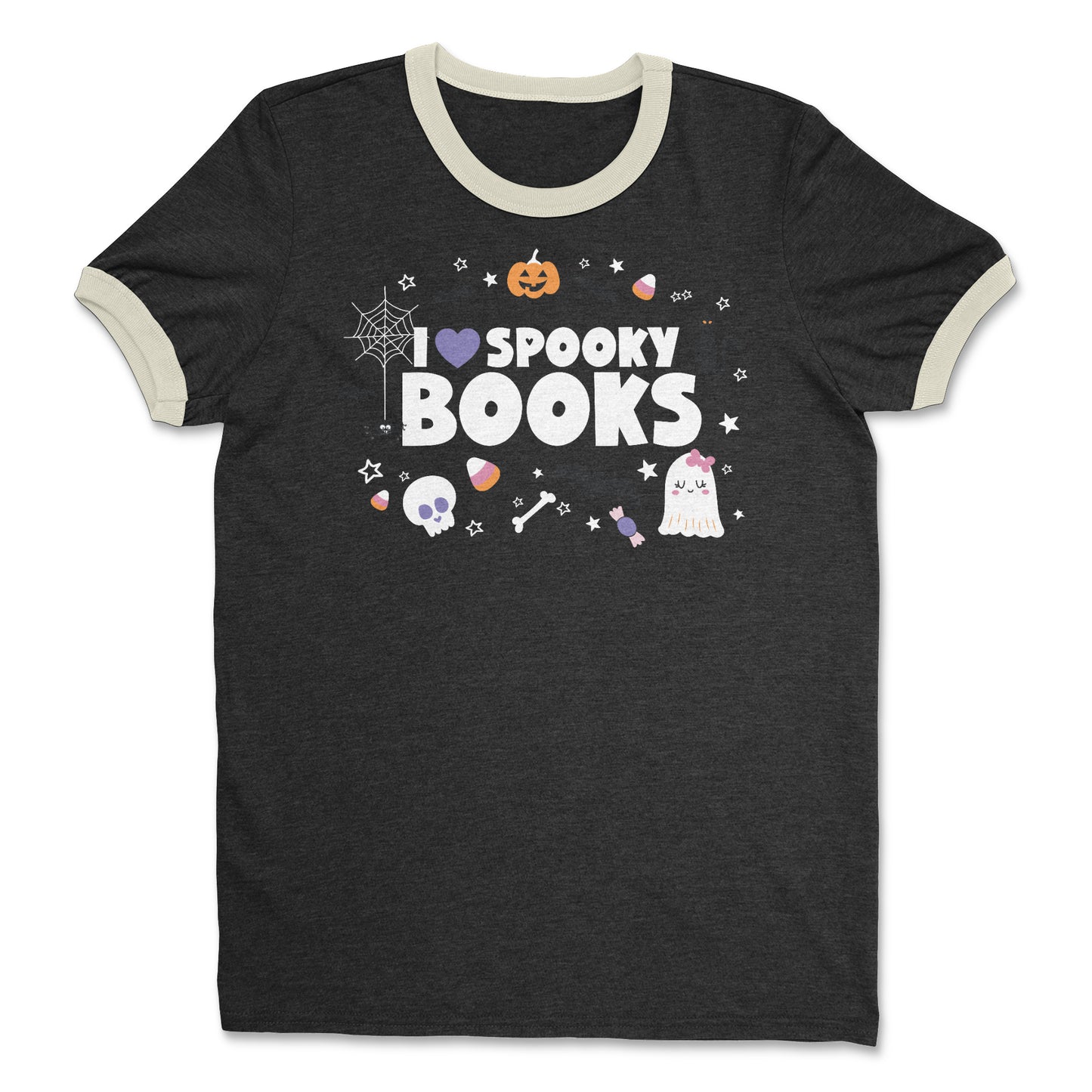 I Heart Spooky Books Halloween Librarian Cotton Ringer T-shirt