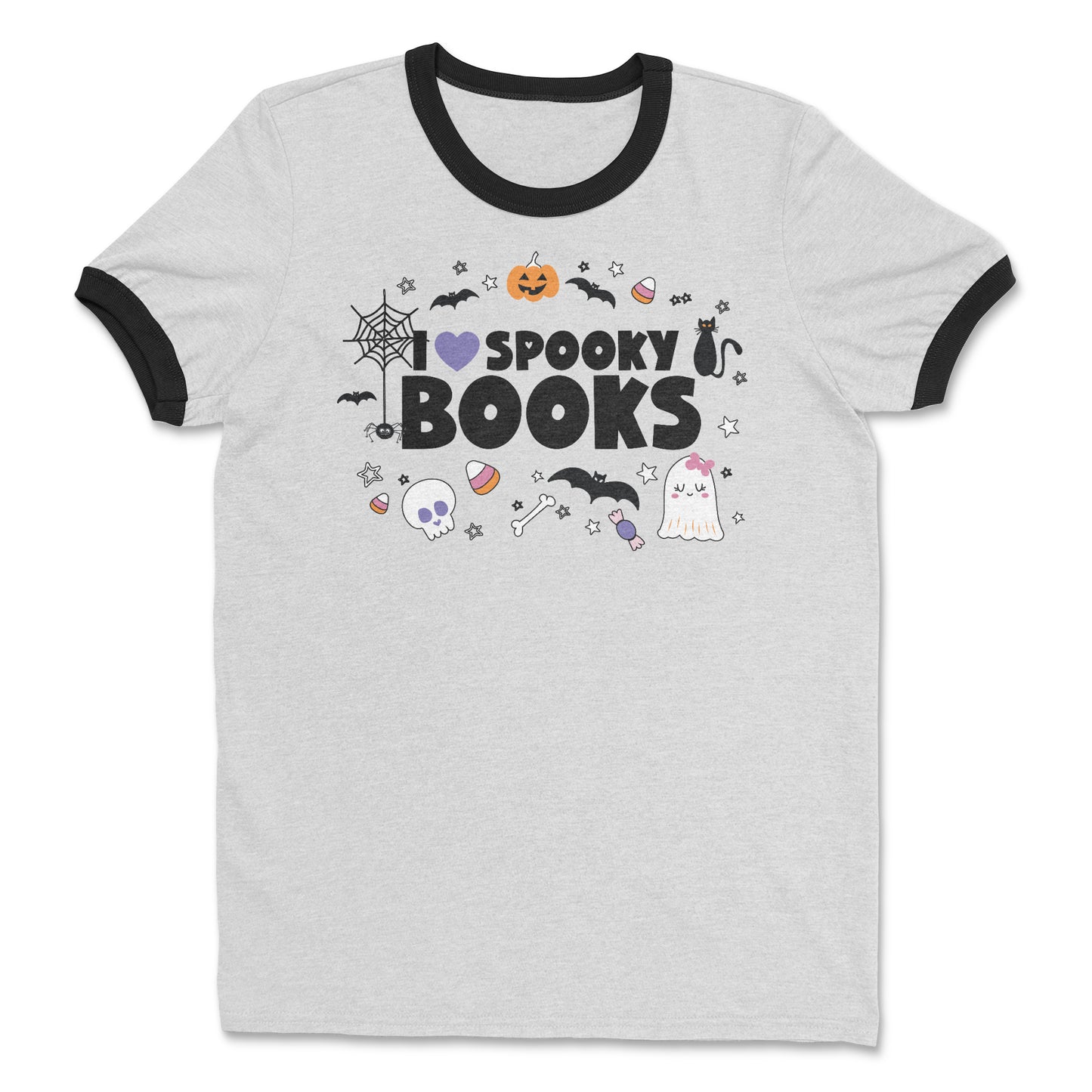 I Heart Spooky Books Halloween Librarian Cotton Ringer T-shirt