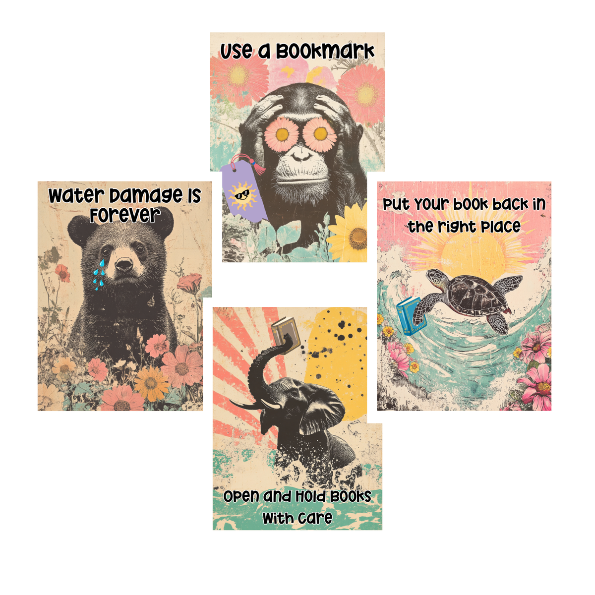 Editable Pop Art Animal Book Care Posters | Library Rules Canva Template