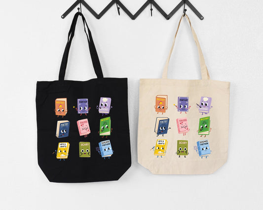 Book Genres Canvas Tote Bag – Librarian Teacher Gift, Book Club Tote, Reading Aesthetic Bag for Book Lovers and Students