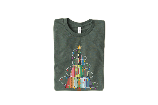 Librarian Christmas Holiday T-Shirt - Festive Book Tree Design