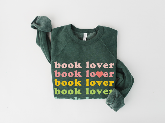Book Lover Heart Retro Librarian Reading Sweatshirt- Heather Forest