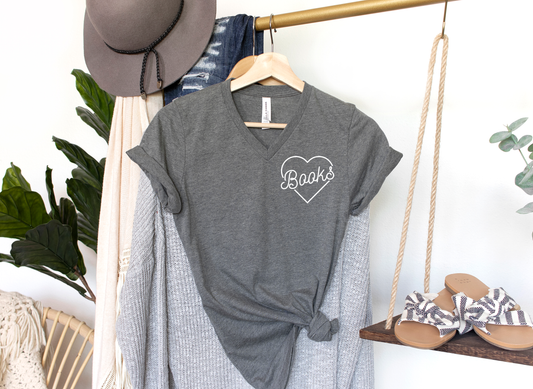 Librarian T-Shirt: Books in My Heart V-Neck, Super-Soft, Lightweight Unisex Tee - Deep Heather Grey