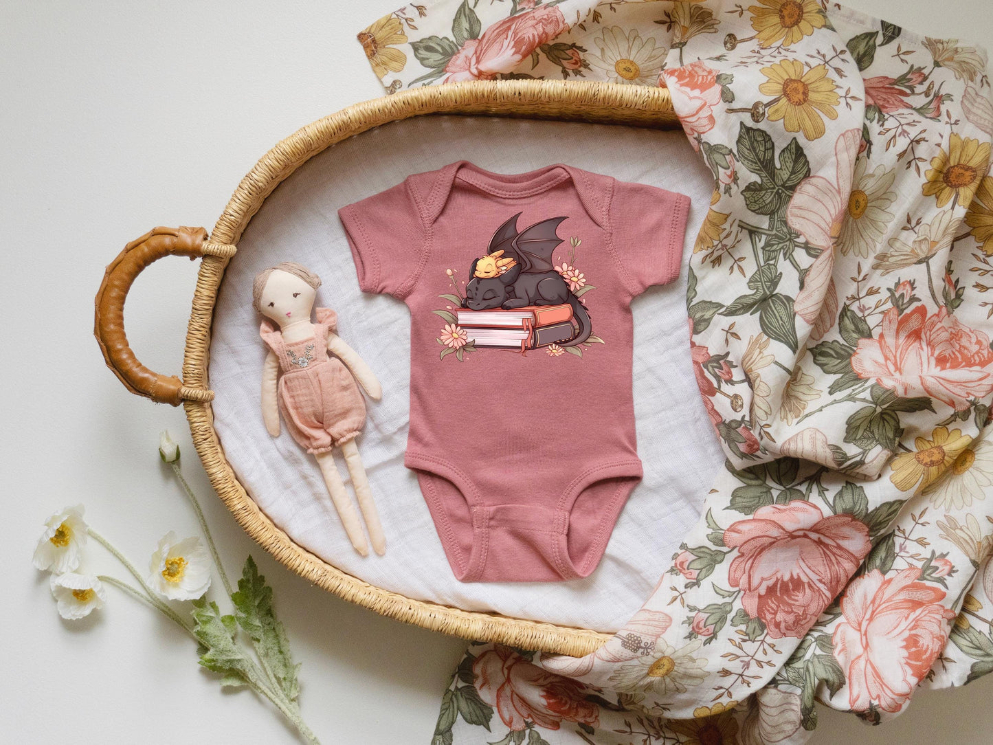Baby Dragon Reading Onesie: Floral Dragon, Bookish Gift