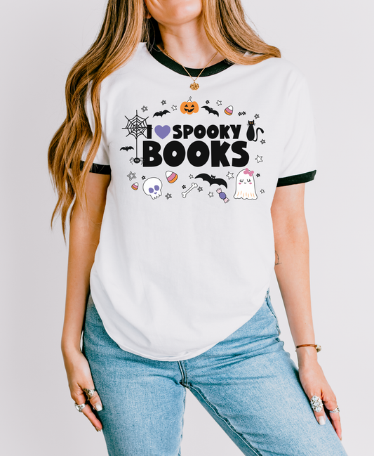 I Heart Spooky Books Halloween Librarian Cotton Ringer T-shirt