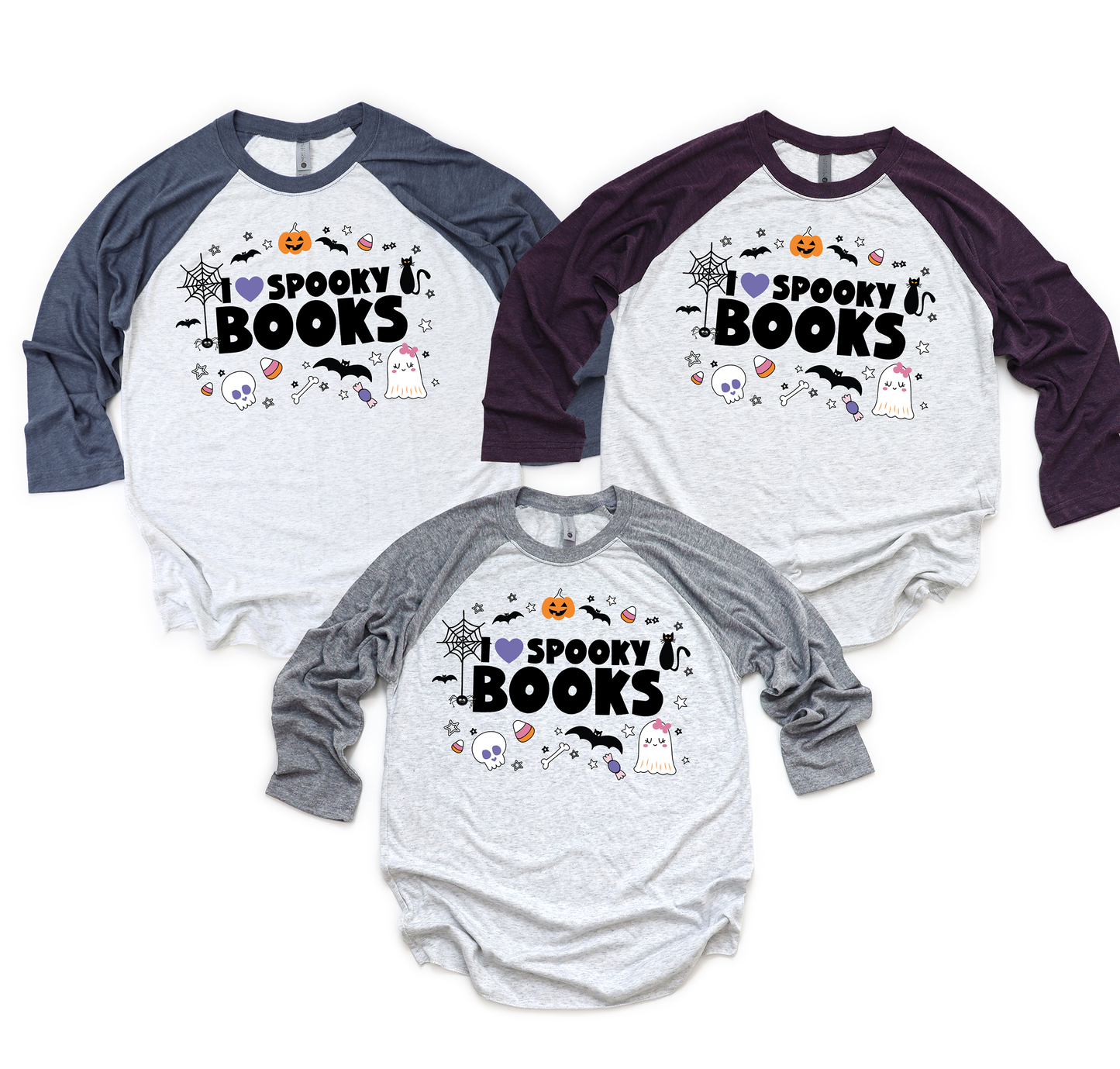 I Heart Spooky Books Librarian 3/4 Sleeve Raglan T-shirt