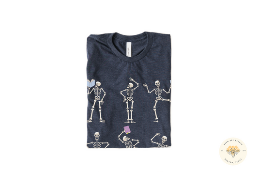 Dancing Skeletons with Books Librarian Halloween Short Sleeve T-shirt