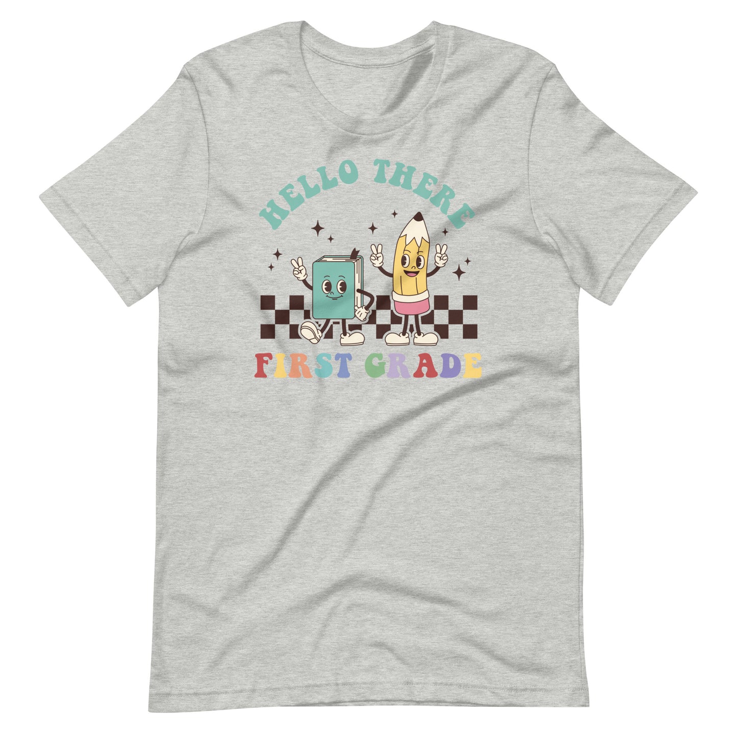 Hello First Grade Groovy Retro Book and Pencil | First Grade Teacher Shirt