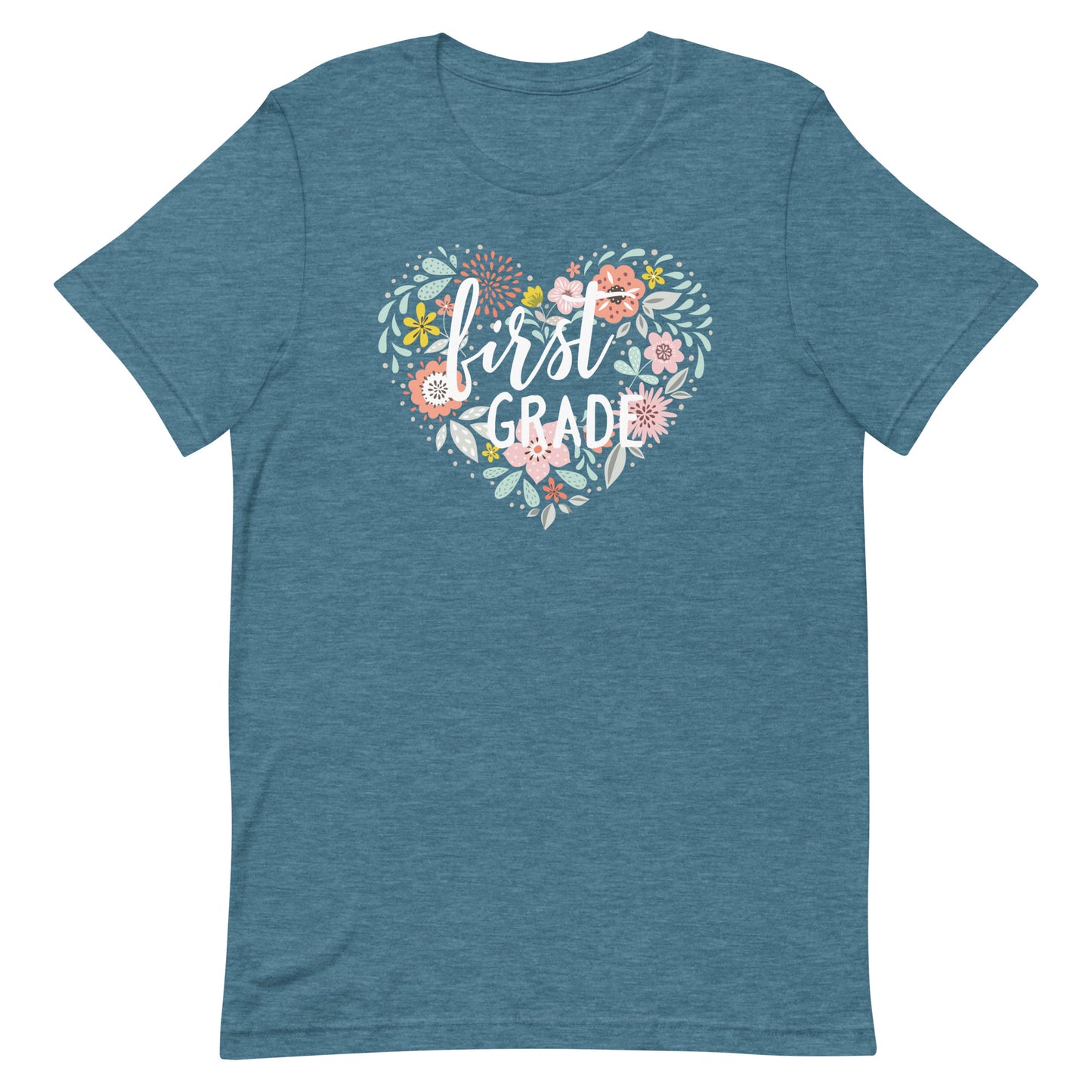 Floral Heart Farmhouse First Grade Teacher Short Sleeve T-shirt