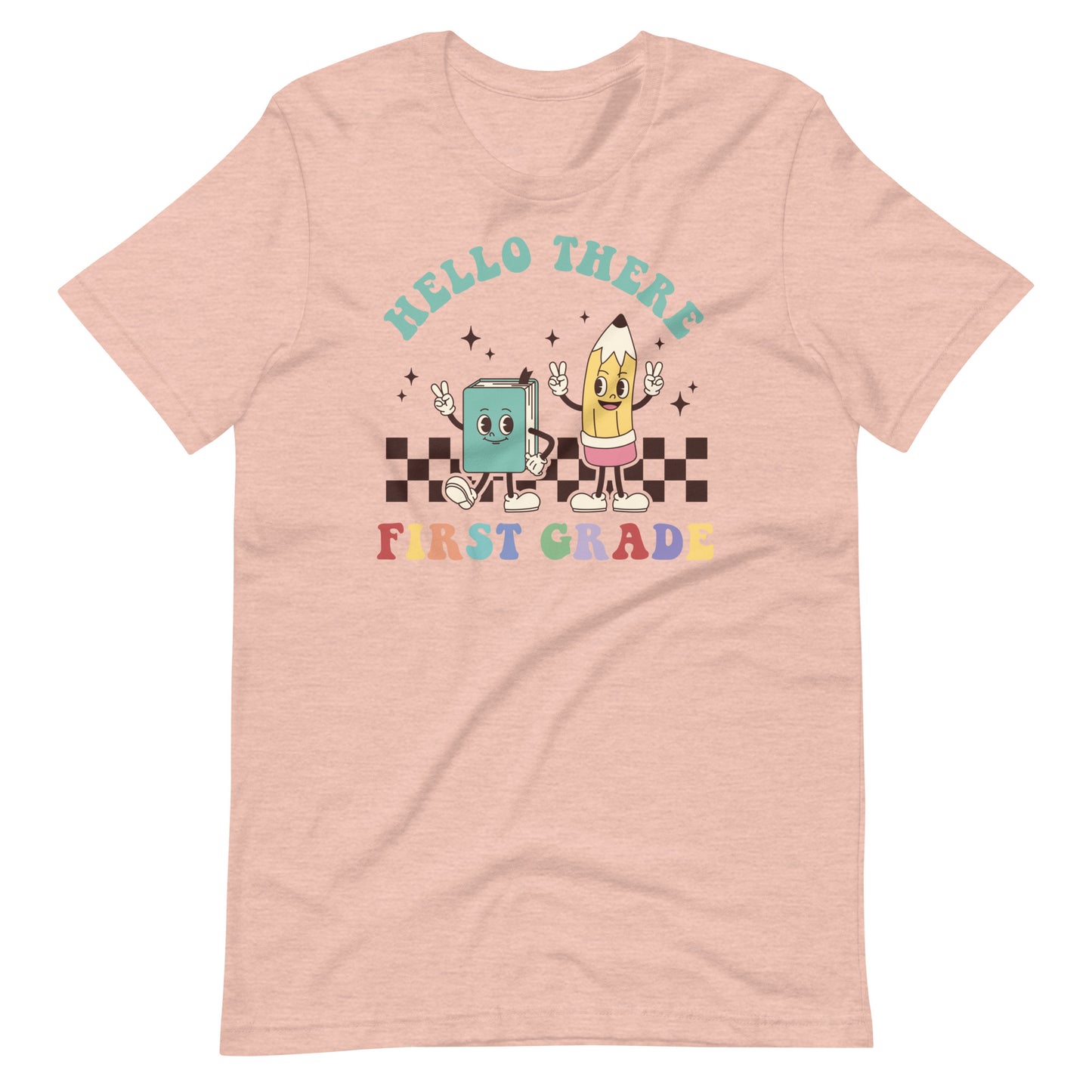 Hello First Grade Groovy Retro Book and Pencil | First Grade Teacher Shirt