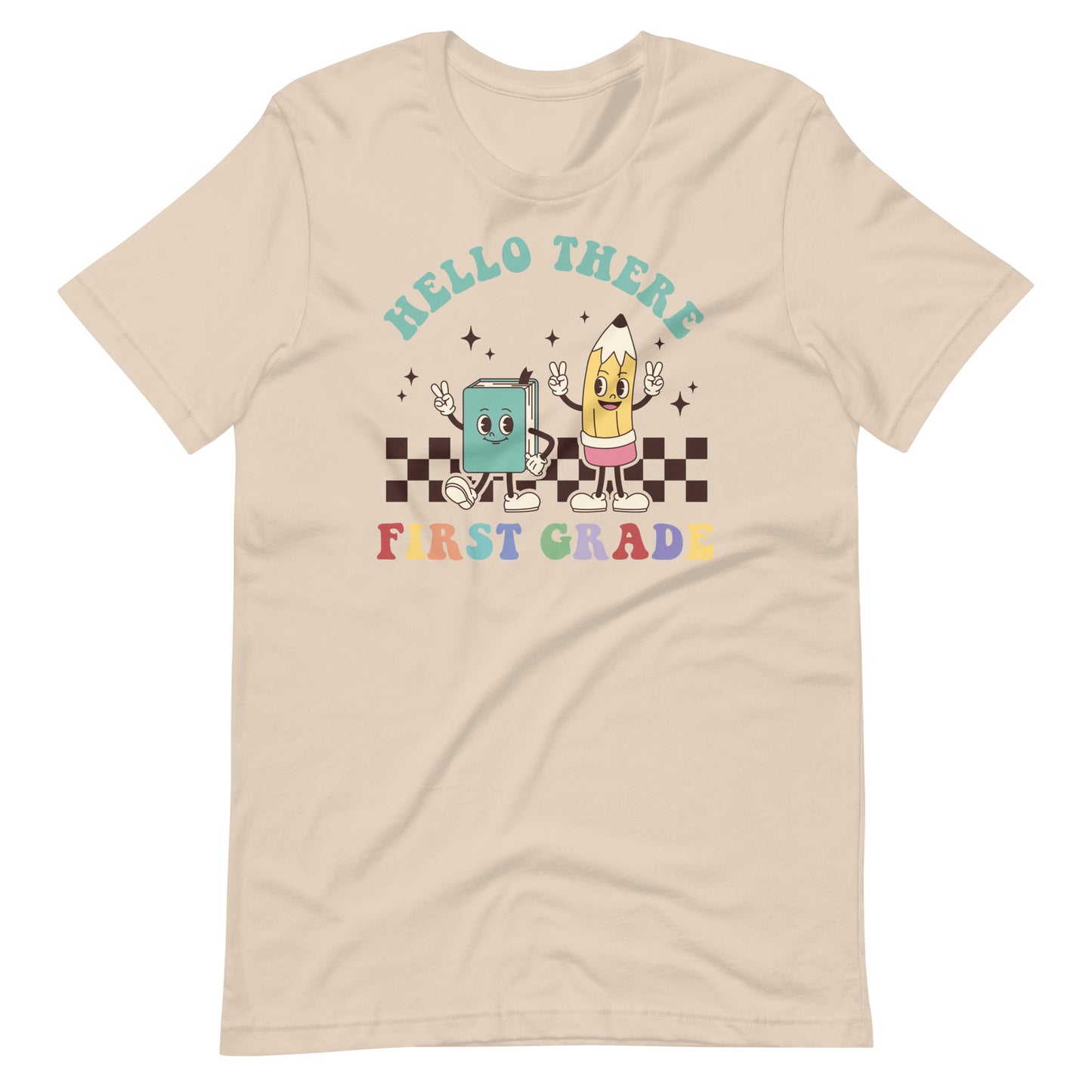 Hello First Grade Groovy Retro Book and Pencil | First Grade Teacher Shirt