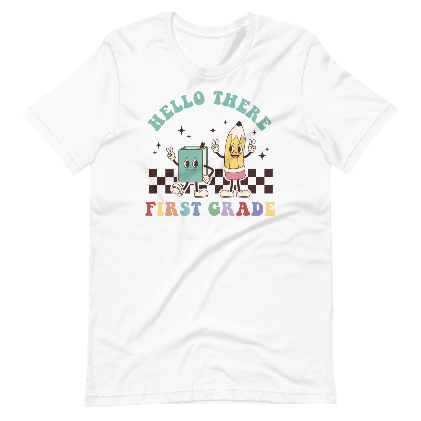 Hello First Grade Groovy Retro Book and Pencil | First Grade Teacher Shirt