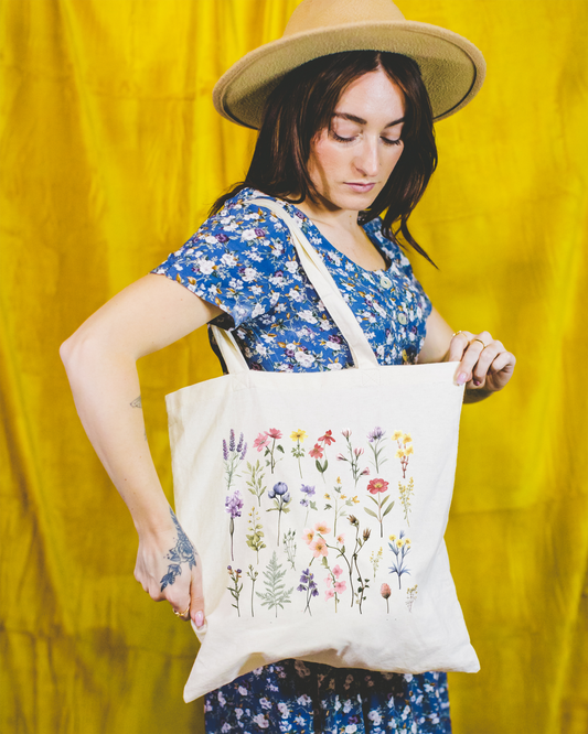 Vintage Pressed Wildflowers Cottagecore Canvas Tote Bag