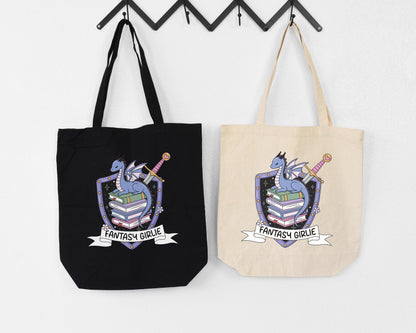 Fantasy Girlie Canvas Tote Bag – Dragon and Swords Design, Book Lover Tote, Librarian Teacher Gift, Reading Bag