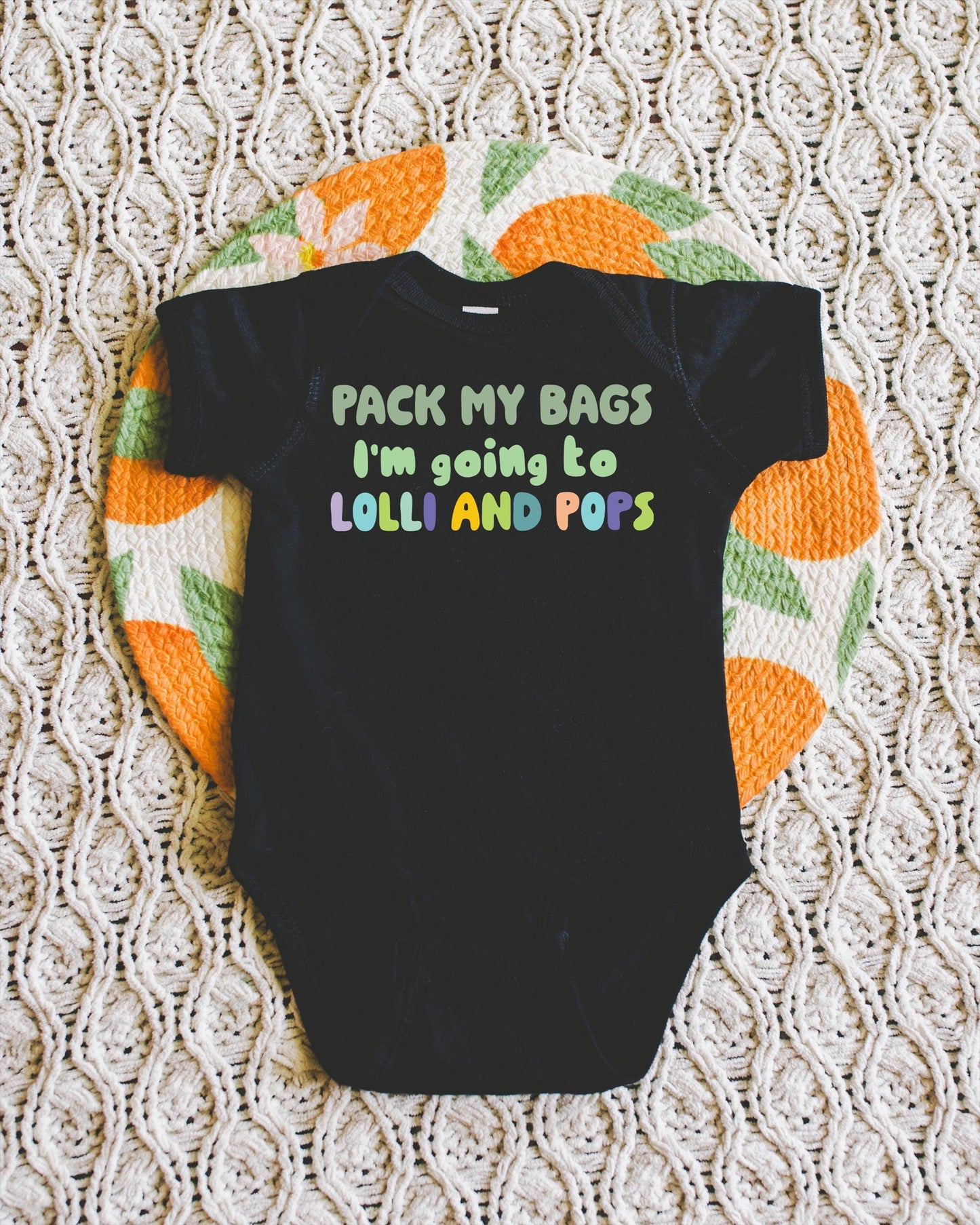 Lolli and Pops Baby Onesie Pack My Bags | Grandparent Announcement Baby Shower Gift