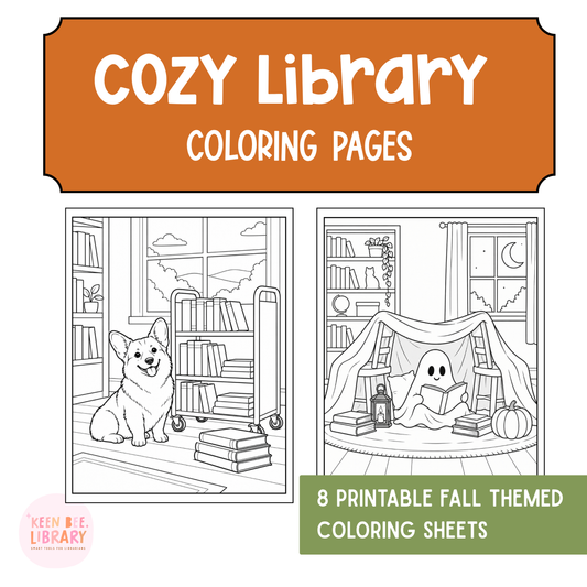 Cozy Library Coloring Pages | Printable Library Activity | 8-Page PDF