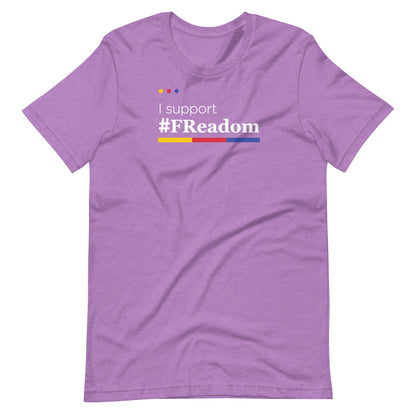 A purple t-shirt with the text "#support #FREADOM" printed on it.