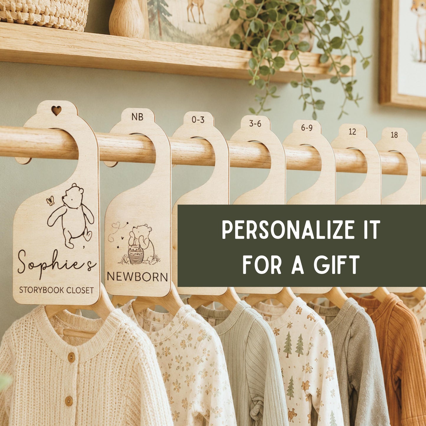 Personalized Winnie-the-Pooh Baby Closet Dividers, Wooden Nursery Organizer, Engraved Size Markers
