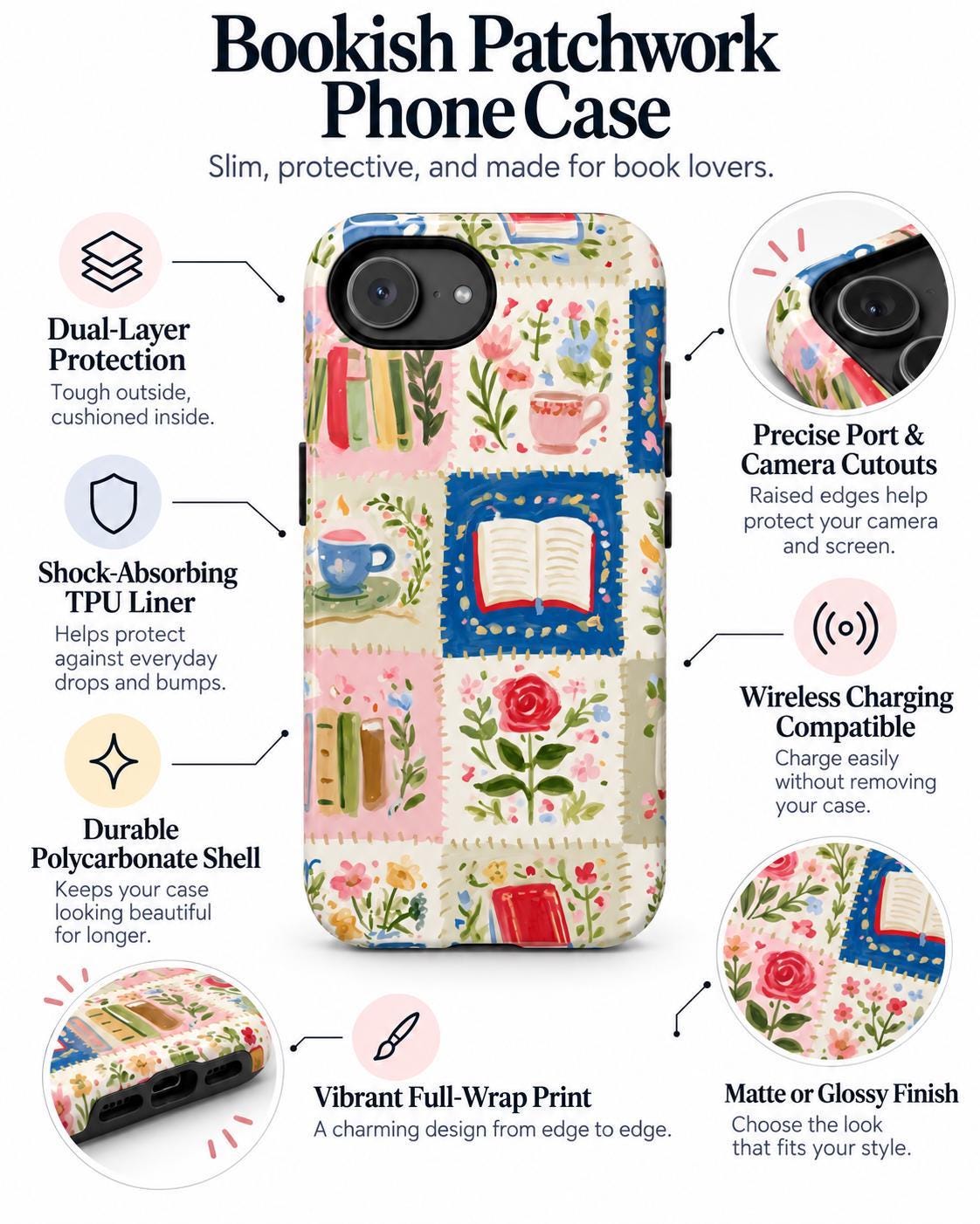 Quilted Books and Tea Bookshelf Pattern phone case | Tough Cases