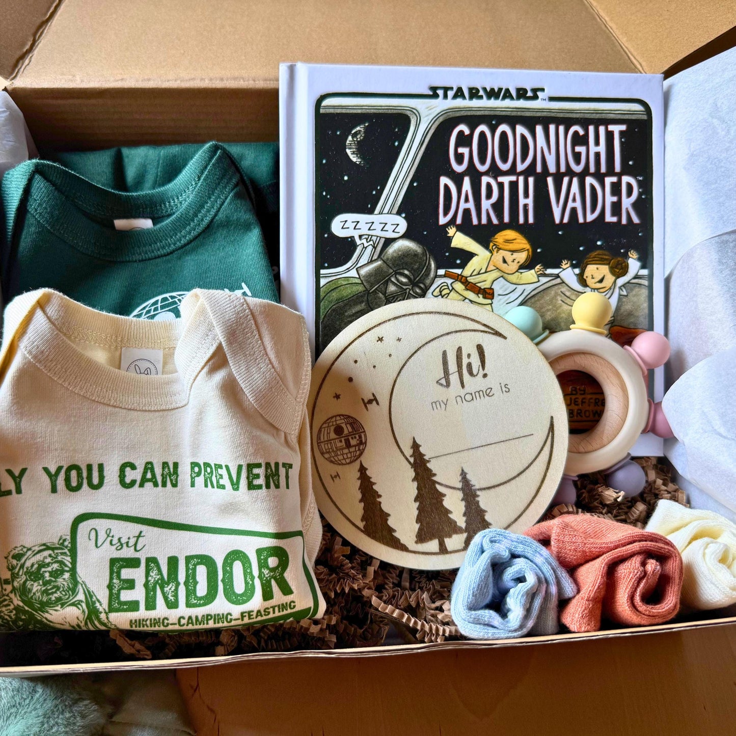 Custom Star Wars© Galactic Baby Shower Gift Box: Death Star & Endor Bodysuits, Socks, and Book Set | Perfect Baby Gift Basket Nerdy