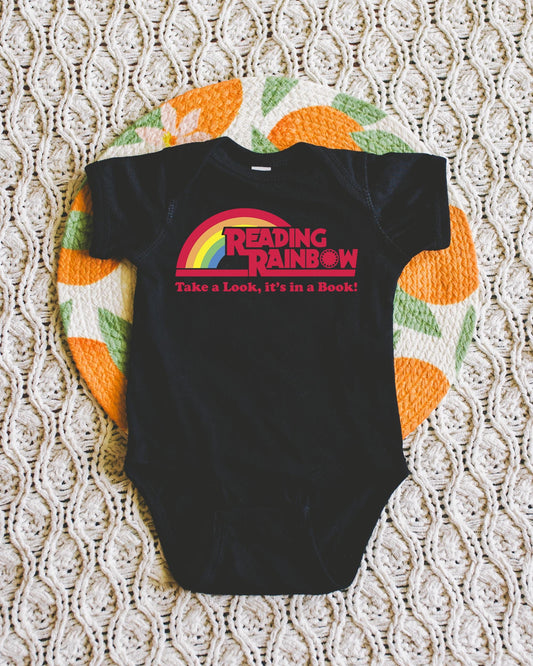 Reading Rainbow Baby Onesie | Retro 80s Baby Shower Gift | Book Lover Infant Bodysuit | Librarian Teacher Baby Outfit