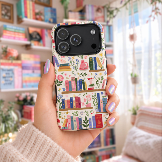 A hand holding a phone with a colorful, floral-patterned case, which appears to be a book-themed design.