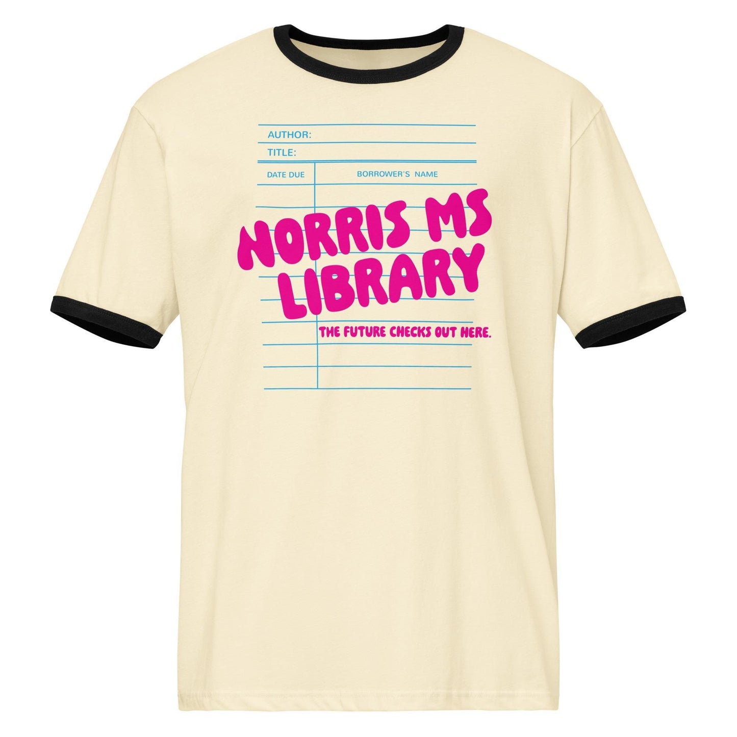 A beige t-shirt with a graphic design featuring a library book-like structure with the text "NORRIS MS LIBRARY" in pink and blue colors.