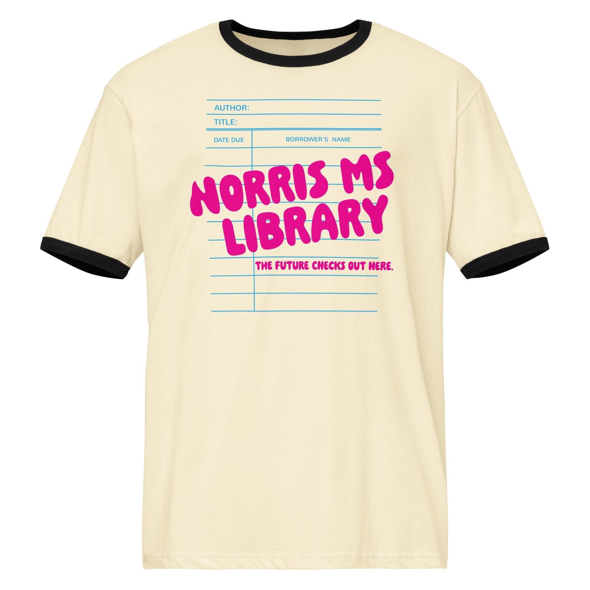 A beige t-shirt with a graphic design featuring a library book-like structure with the text "NORRIS MS LIBRARY" in pink and blue colors.