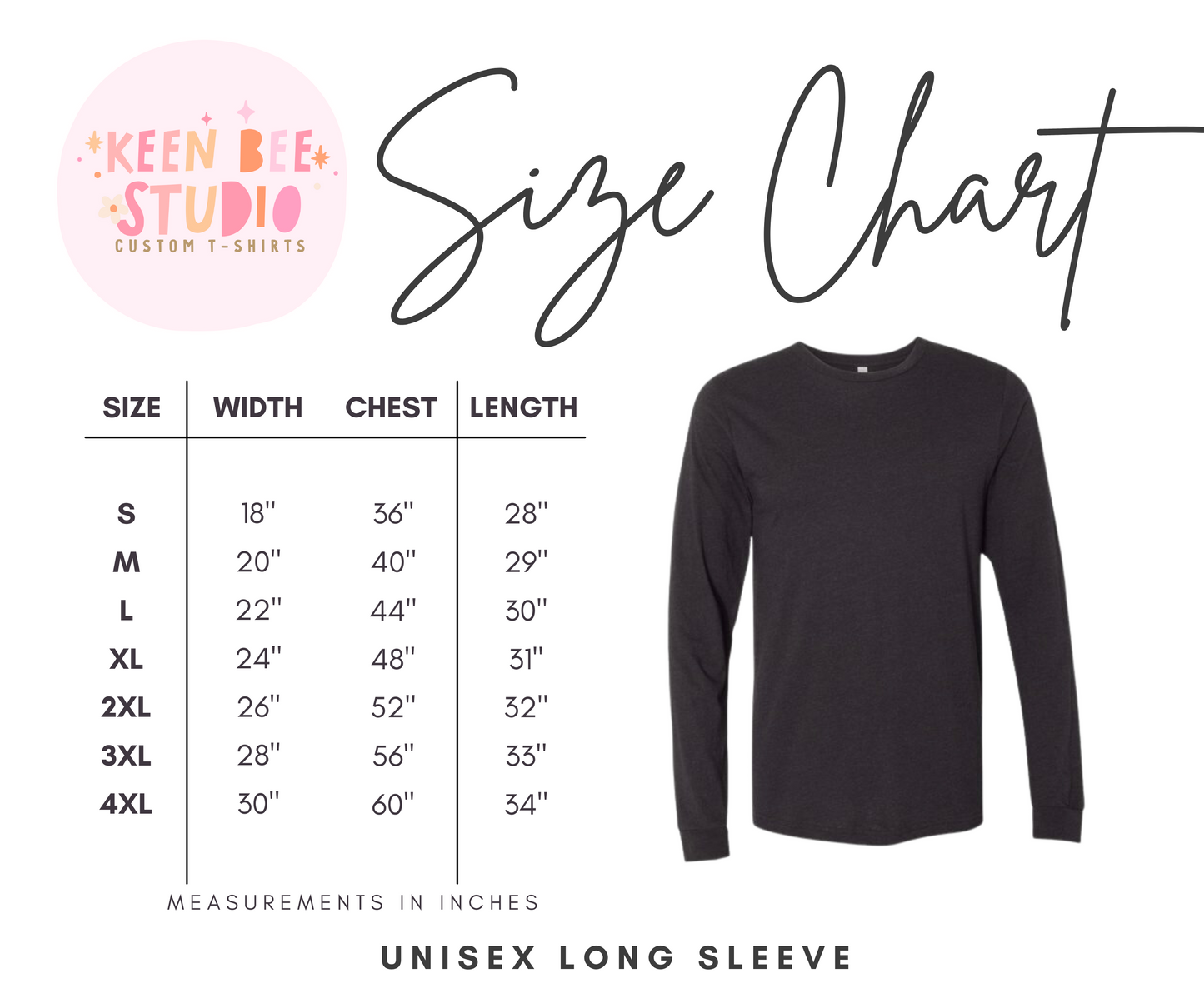 The image is a size chart for a black long-sleeved shirt, with measurements in inches and a corresponding size label.