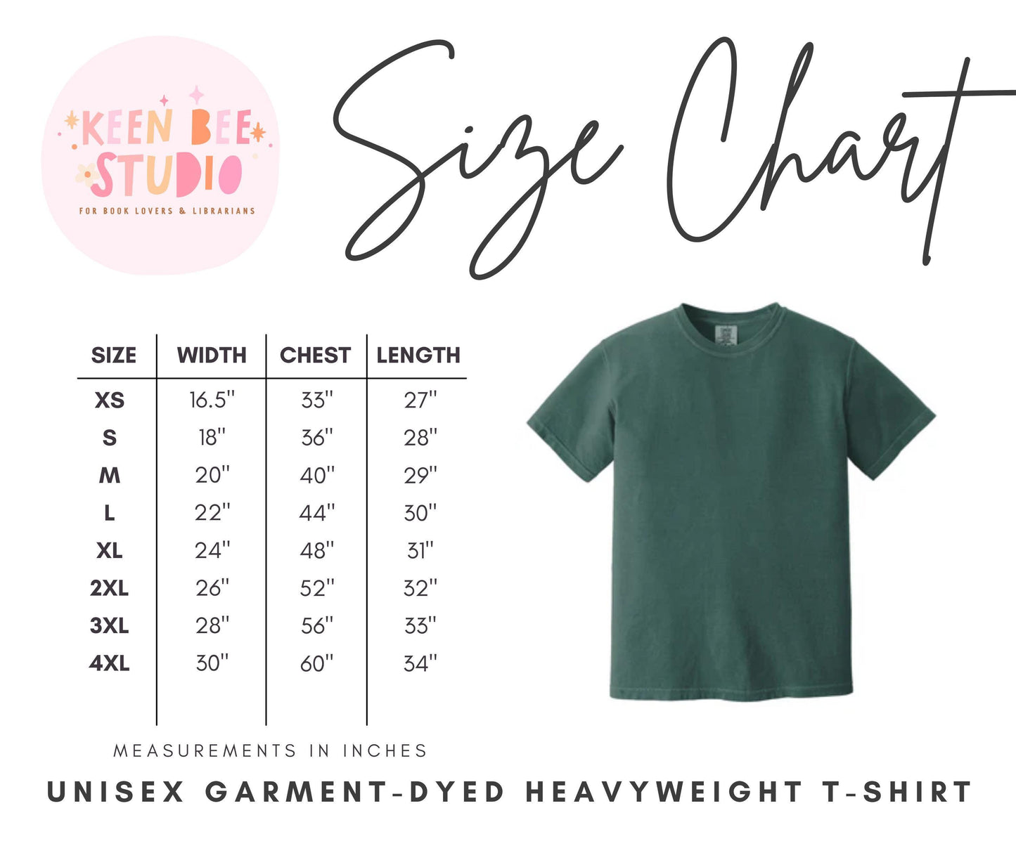 The image is a size chart for a unisex, heavyweight t-shirt. It includes measurements for different sizes, such as XS, S, M, L, XL, 2XL, and 3XL, along with corresponding chest, waist, and length measurements. The chart is accompanied by a green t-shirt image, and the text "Size Chart" is written above it.