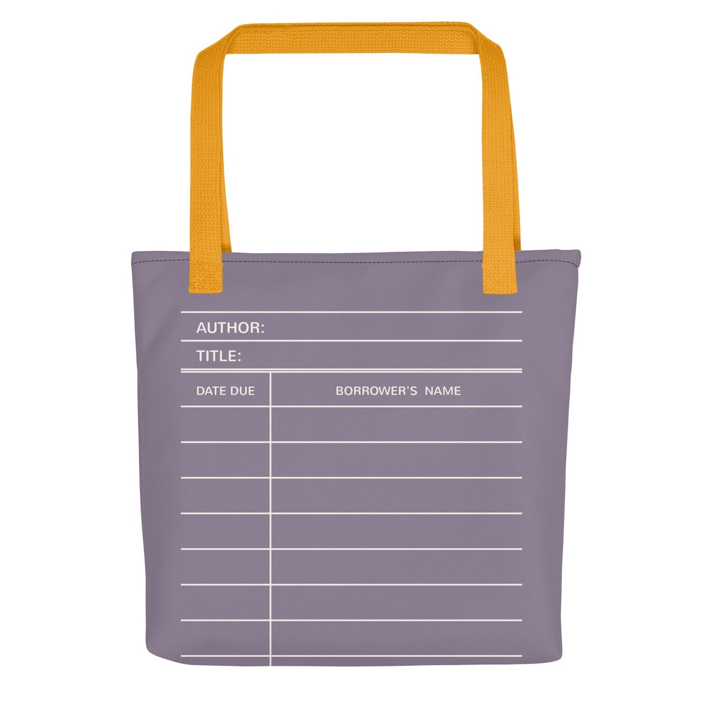 A purple tote bag with a yellow handle, featuring a white grid-like pattern and a form for filling in the author's name and title.