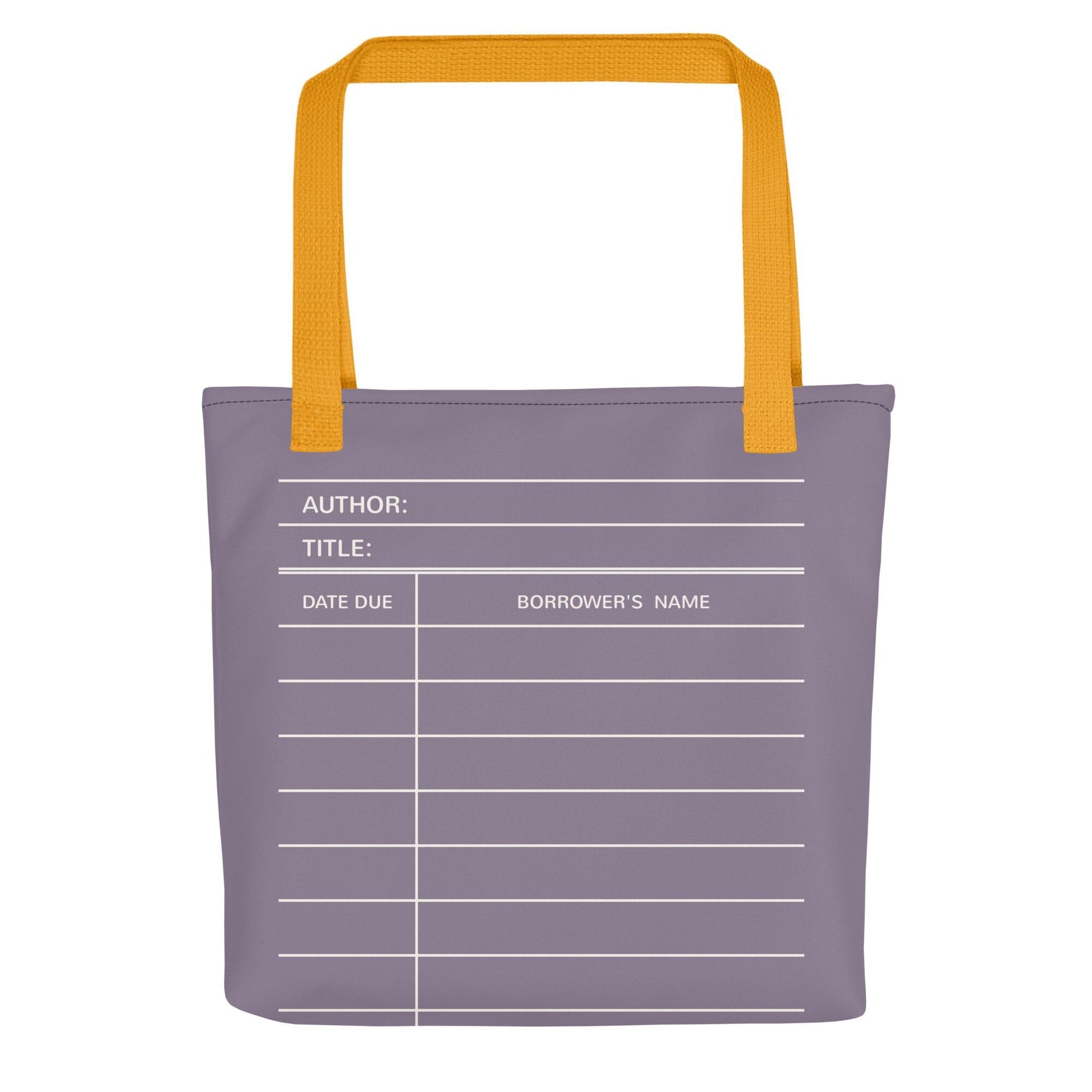 A purple tote bag with a yellow handle, featuring a white grid-like pattern and a form for filling in the author's name and title.