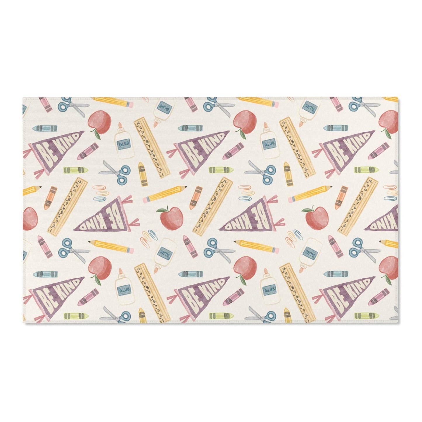 Vintage Neutral School Supplies Pattern Classroom Rug | Be Kind Pencil Scissors Reading Rug