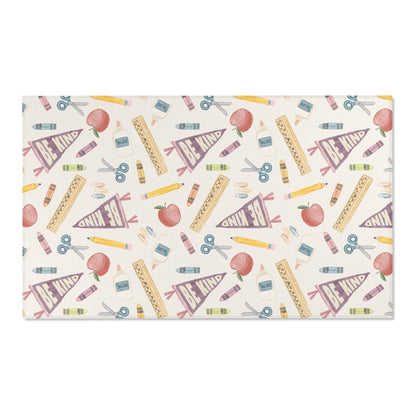 Vintage Neutral School Supplies Pattern Classroom Rug | Be Kind Pencil Scissors Reading Rug