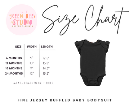 The image is a size chart for a fine jersey ruffled baby bodysuit, providing measurements in inches for different age groups.