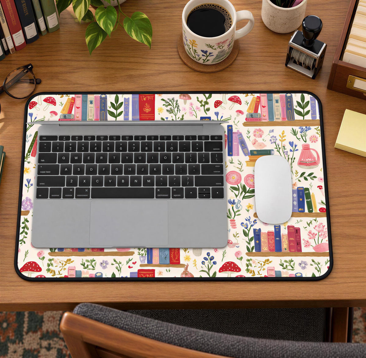 Whimsical Bookshelf Desk Mat, Floral Mushroom Reading Pad | Neoprene | Non-Slip Backing, Hemmed Edges