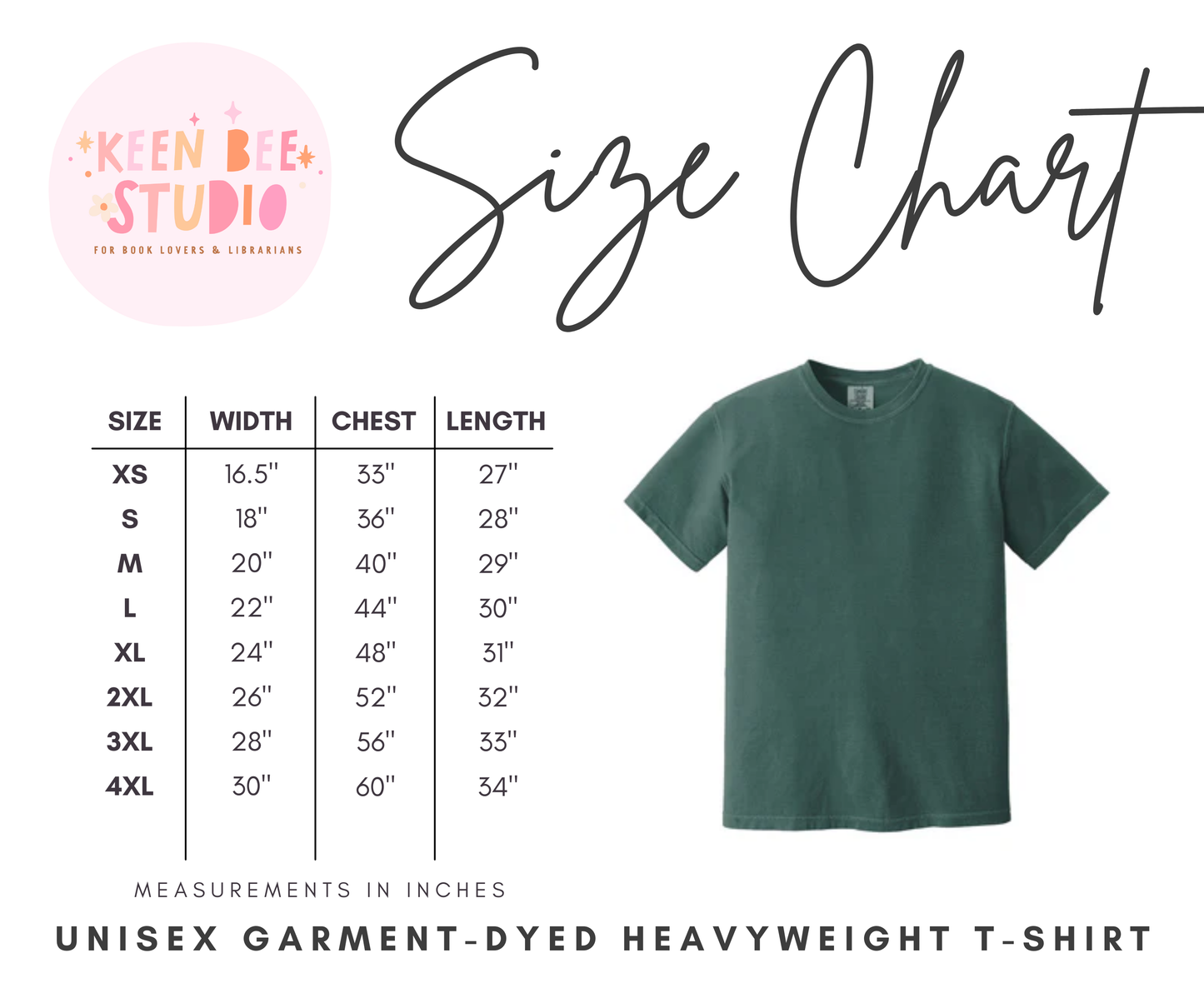 The image is a size chart for a unisex, heavyweight t-shirt. It includes measurements for different sizes, such as XS, S, M, L, XL, 2XL, and 3XL, along with corresponding chest, waist, and length measurements. The chart is accompanied by a green t-shirt image, and the text "Size Chart" is written above it.