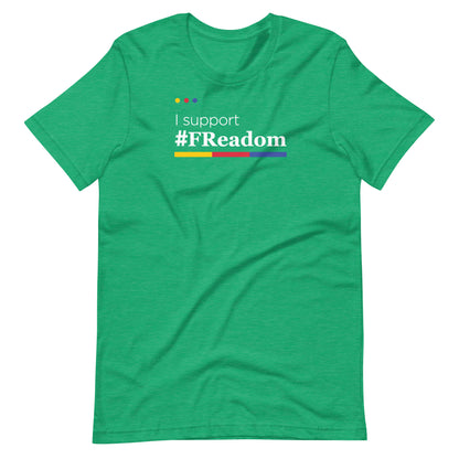 A green t-shirt with the text "#support #FREedom" printed on it.