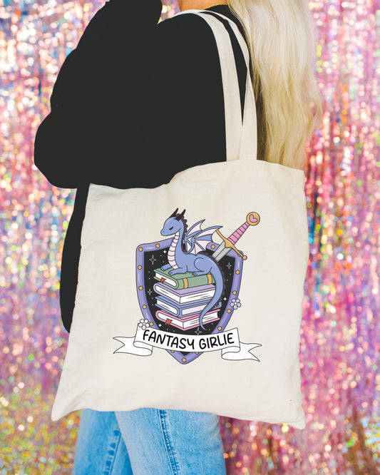 Fantasy Girlie Canvas Tote Bag – Dragon and Swords Design, Book Lover Tote, Librarian Teacher Gift, Reading Bag