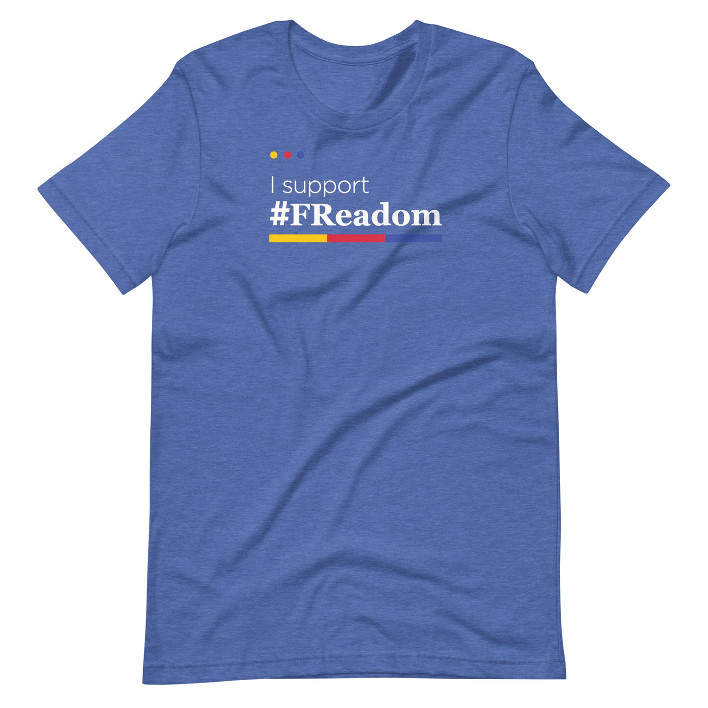 A blue t-shirt with the text "#support #Readom" printed on it.