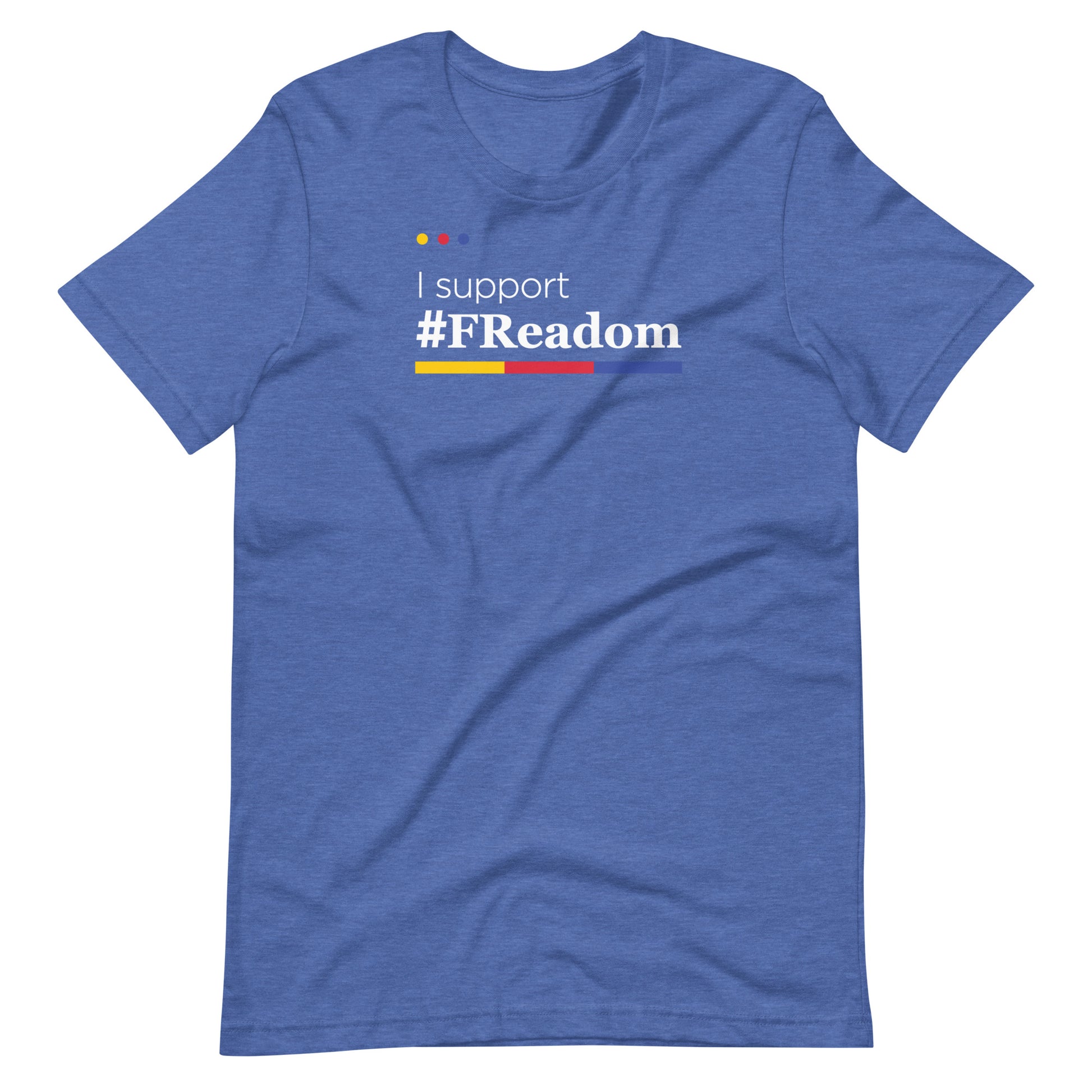 A blue t-shirt with the text "#support #Readom" printed on it.