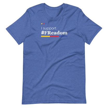 A blue t-shirt with the text "#support #Readom" printed on it.