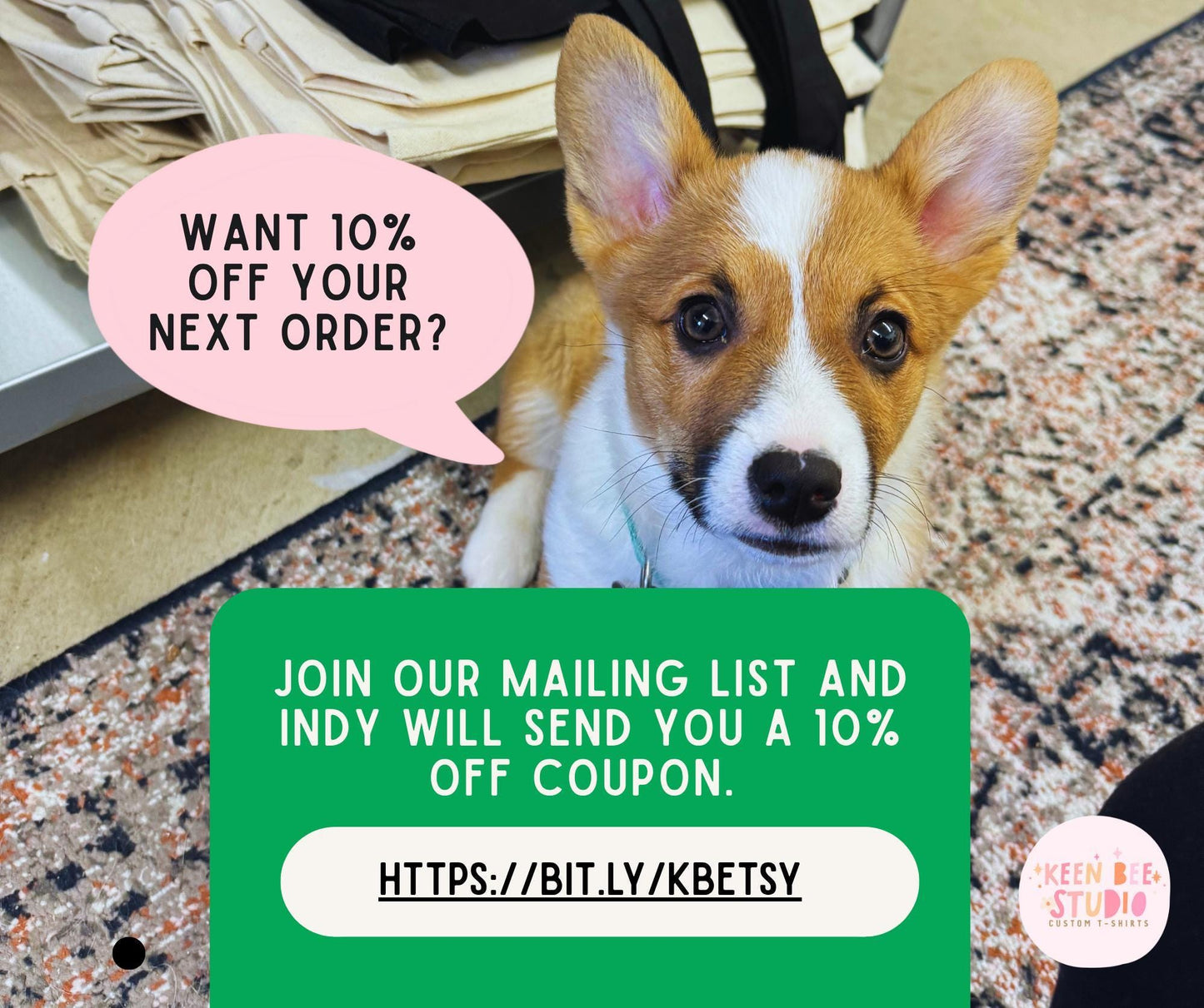 a brown and white dog sitting on a patterned rug, with a pink speech bubble above it asking &quot;WANT 10% OFF YOUR NEXT ORDER?&quot;. Below the dog, there is a green box with white text that reads &quot;JOIN OUR MAILING LIST AND INDY WILL SEND YOU A 10% OFF COUPON. http://bit.ly/kbetsy&quot;.