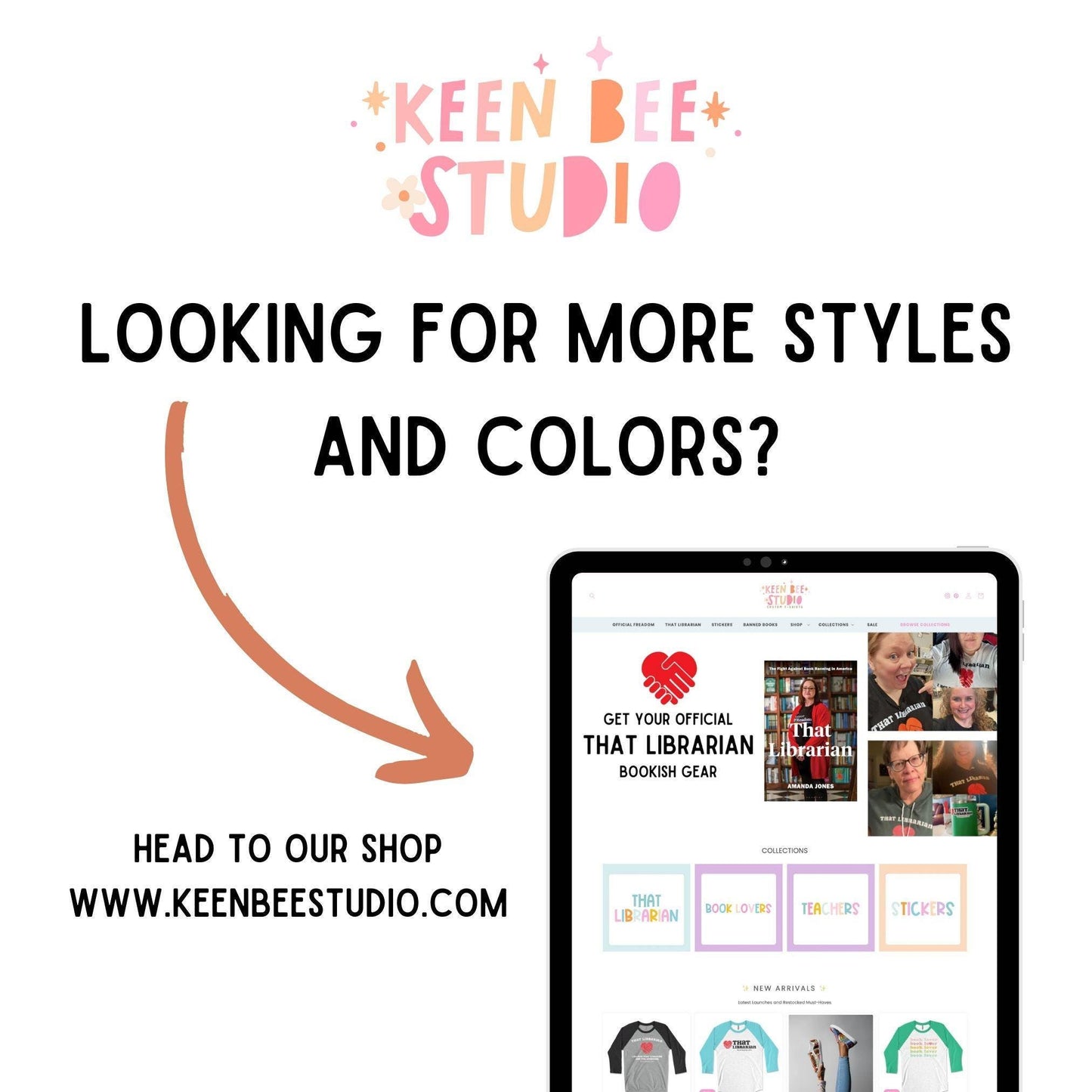 The image is an advertisement for a bookish gear store called &quot;Keen Bee Studio&quot; that offers a variety of styles and colors. It features a tablet displaying the store&#39;s website and a list of items available for purchase. The text invites viewers to &quot;Read to our shop&quot; and provides the website address &quot;www.keenbeeestudio.com&quot;.